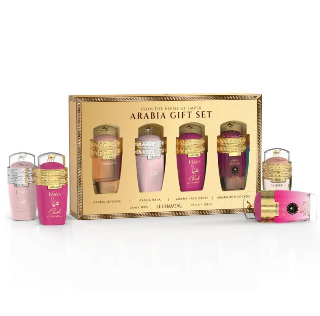 Set ARABIA for women by Emper edp include Arabia Haya, Haya crush, Madame, Bon Voyage 25ml each